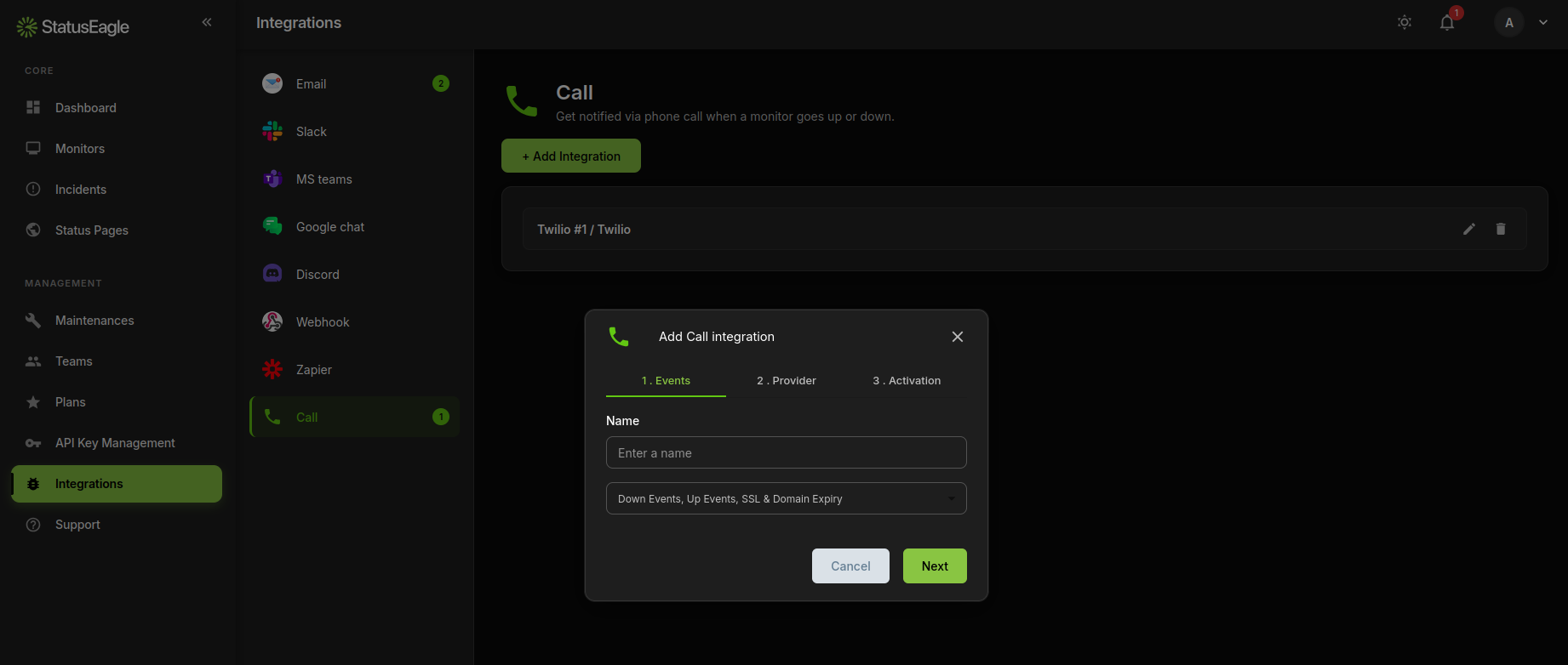 Add Call integration dialog, Events tab, with name field and event checkboxes