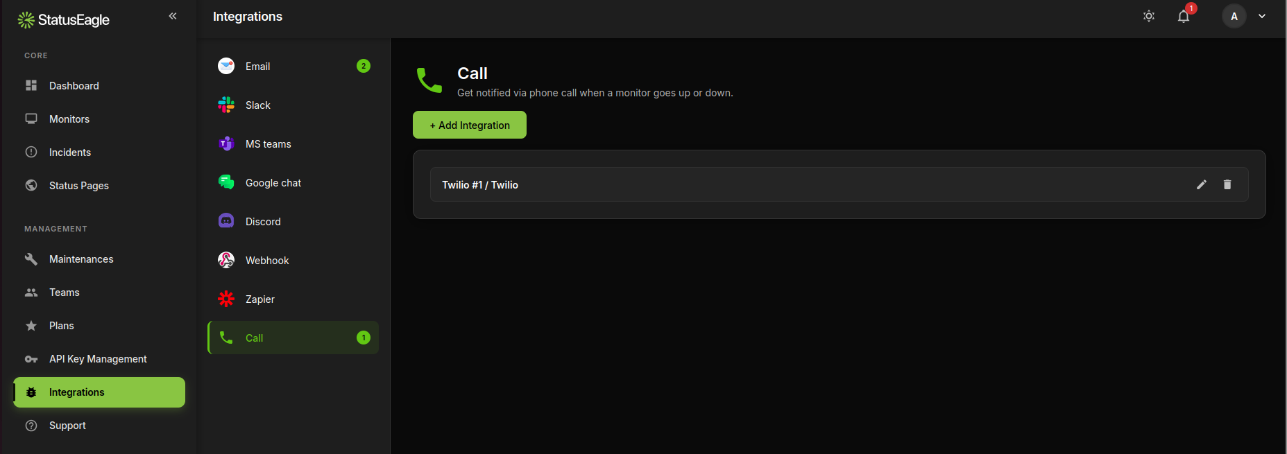 StatusEagle Integrations page with the Call integration selected