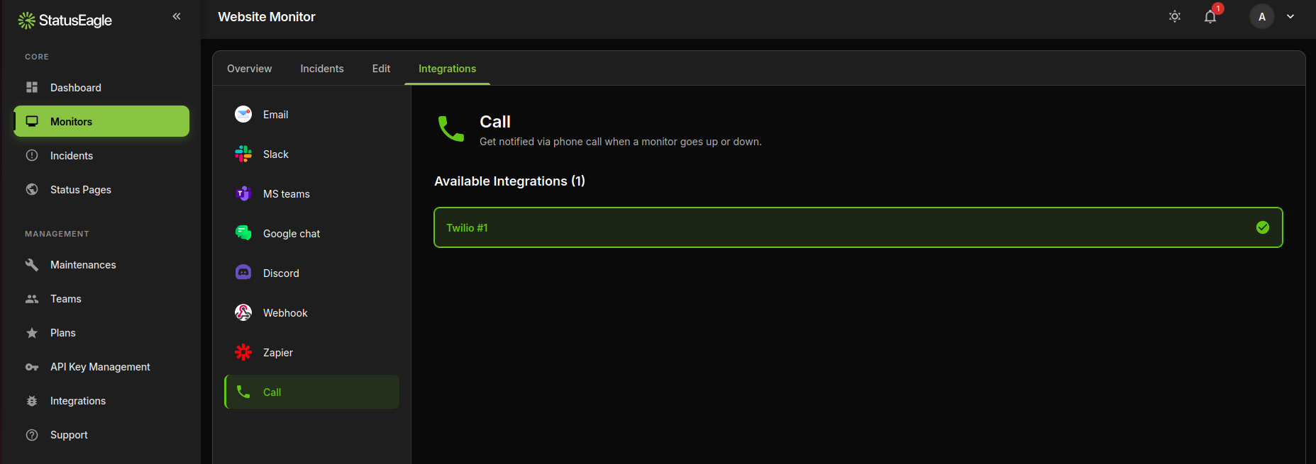 Monitor Integrations tab with the Call category selected and a Twilio integration enabled