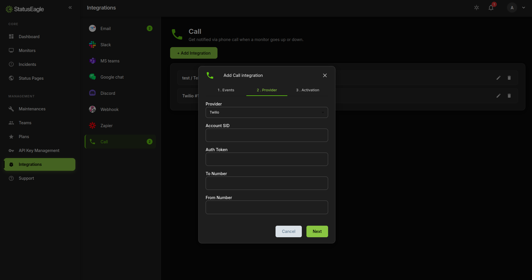 Add Call integration dialog, Provider tab, with Twilio selected and credential fields